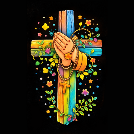 Praying Hands & Rosary Rainbow Cross Engraved Bar Necklace – Christian Gift for Kids