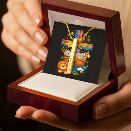 Rainbow Cross Noahs Ark | Christian Engraved 4-Sided Stick Necklace | Gift for Kids
