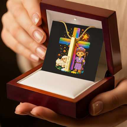 Rainbow Cross Little Shepherd | Christian Engraved 4-Sided Stick Necklace | Gift for Kids