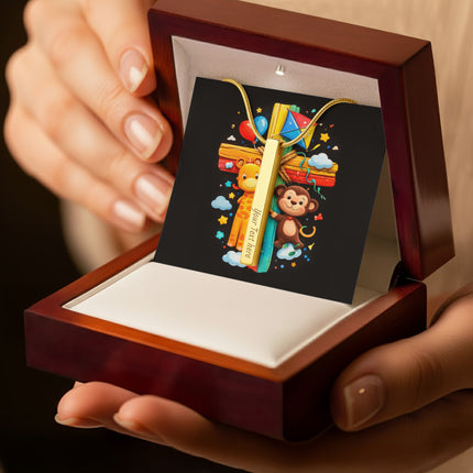Rainbow Cross Jungle Animals | Christian Engraved 4-Sided Stick Necklace | Gift for Kids