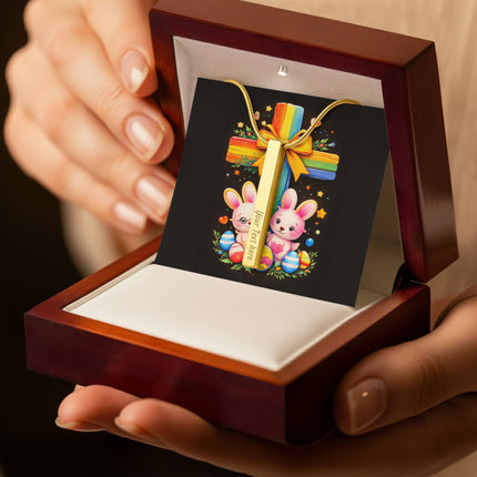 Rainbow Cross Bunnies | Christian Engraved 4-Sided Stick Necklace | Gift for Kids
