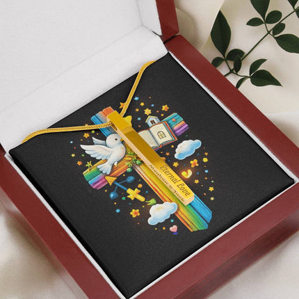 Dove & Open Bible Rainbow Cross Engraved Bar Necklace – Christian Gift for Kids