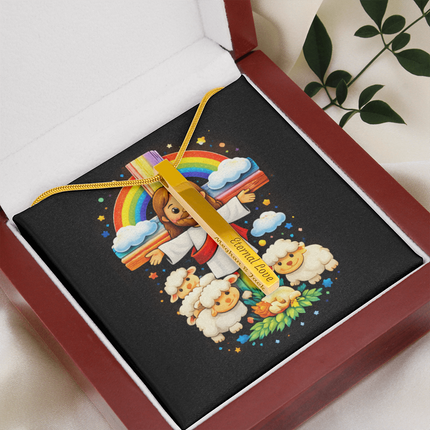 Jesus With the Sheep - Engraved 4-Sided Stick Necklace – Christian Gift for Kids
