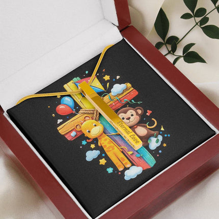 Giraffe & Monkey Rainbow Cross Engraved Bar Necklace – Christian Gift for Kids