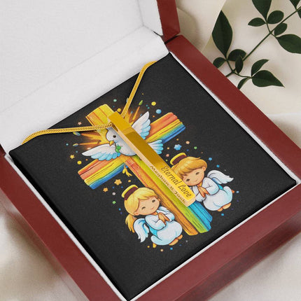 Dove & Praying Angels Rainbow Cross Engraved Bar Necklace – Christian Gift for Kids