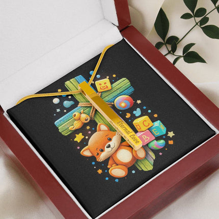 Kitten & ABC Blocks Rainbow Cross Engraved Bar Necklace – Christian Gift for Kids