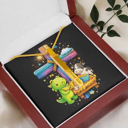 Baby Jesus Nativity & Dino Rainbow Cross Engraved Bar Necklace – Christian Gift for Kids