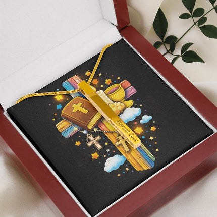 First Communion Bible & Chalice Engraved Bar Necklace – Christian Gift for Kids