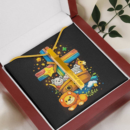 Noah's Ark Rainbow Cross Engraved Bar Necklace – Christian Gift for Kids