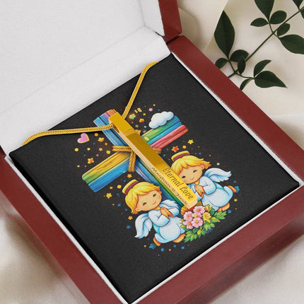 Praying Angels Rainbow Cross Engraved Bar Necklace – Christian Gift for Kids