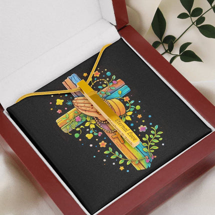 Praying Hands & Rosary Rainbow Cross Engraved Bar Necklace – Christian Gift for Kids