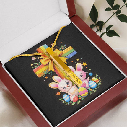 Easter Bunnies & Eggs Rainbow Cross Engraved Bar Necklace – Christian Gift for Kids