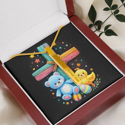 Rainbow Cross Teddy Bear & Chick Engraved Bar Necklace – Christian Gift for Kids