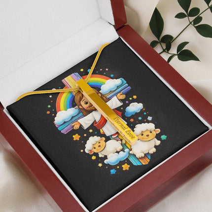 Jesus & Little Lambs Rainbow Engraved Bar Necklace – Christian Gift for Kids