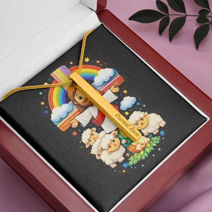 Jesus With the Sheep - Engraved 4-Sided Stick Necklace – Christian Gift for Kids