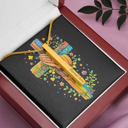 Praying Hands & Rosary Rainbow Cross Engraved Bar Necklace – Christian Gift for Kids