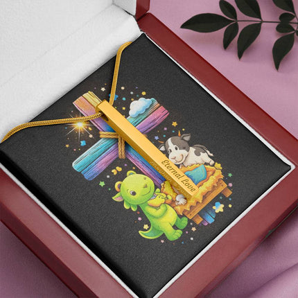 Baby Jesus Nativity & Dino Rainbow Cross Engraved Bar Necklace – Christian Gift for Kids