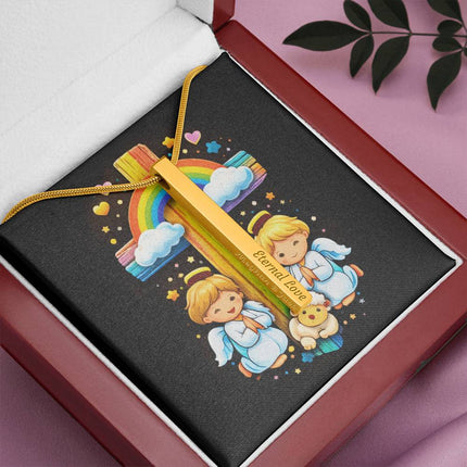Angels & Lamb Rainbow Cross Engraved Bar Necklace – Christian Gift for Kids