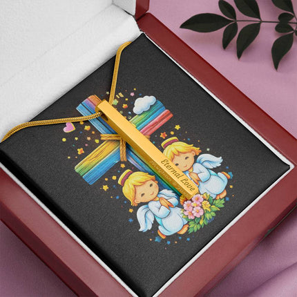 Praying Angels Rainbow Cross Engraved Bar Necklace – Christian Gift for Kids