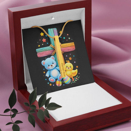 Rainbow Cross Teddy Bear & Chick Engraved Bar Necklace – Christian Gift for Kids