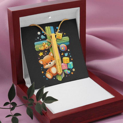 Kitten & ABC Blocks Rainbow Cross Engraved Bar Necklace – Christian Gift for Kids