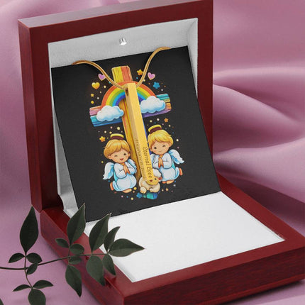 Angels & Lamb Rainbow Cross Engraved Bar Necklace – Christian Gift for Kids