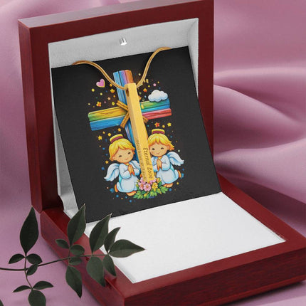 Praying Angels Rainbow Cross Engraved Bar Necklace – Christian Gift for Kids