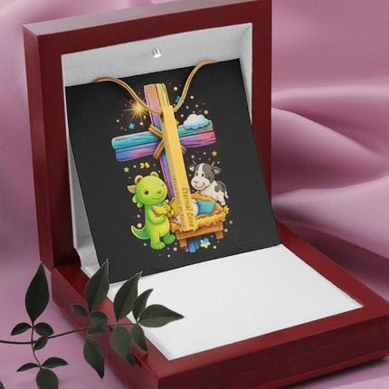 Baby Jesus Nativity & Dino Rainbow Cross Engraved Bar Necklace – Christian Gift for Kids