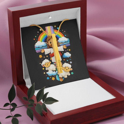 Jesus & Little Lambs Rainbow Engraved Bar Necklace – Christian Gift for Kids
