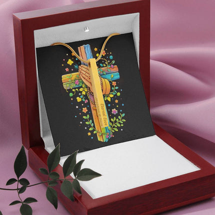 Praying Hands & Rosary Rainbow Cross Engraved Bar Necklace – Christian Gift for Kids