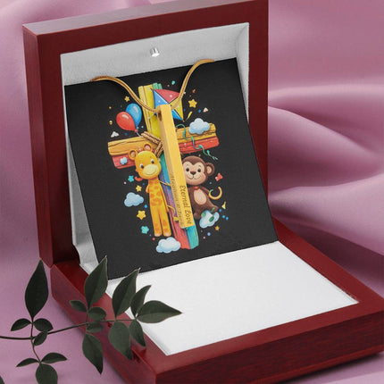 Giraffe & Monkey Rainbow Cross Engraved Bar Necklace – Christian Gift for Kids