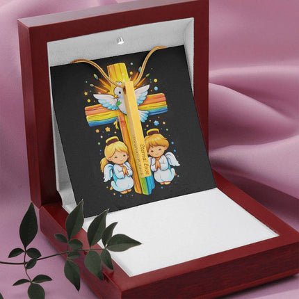 Dove & Praying Angels Rainbow Cross Engraved Bar Necklace – Christian Gift for Kids