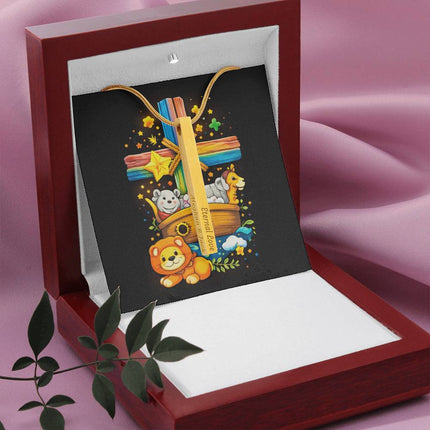 Noah's Ark Rainbow Cross Engraved Bar Necklace – Christian Gift for Kids