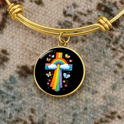 Rainbow & Butterflies Cross Circle Bangle – Christian Gift for Kids