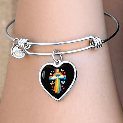 Rainbow & Butterflies Cross Heart Bangle – Christian Gift for Kids