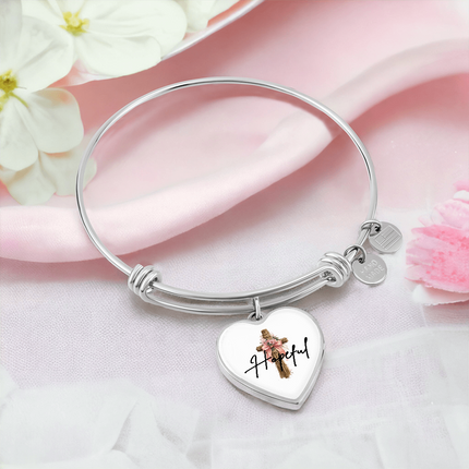 Hopeful Flower Cross Christian Heart Bangle | Mother's Day Gift for Mom | Faith Gift