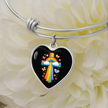 Rainbow & Butterflies Cross Heart Bangle – Christian Gift for Kids