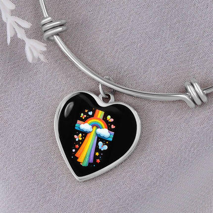 Rainbow & Butterflies Cross Heart Bangle – Christian Gift for Kids