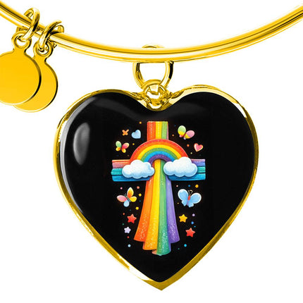 Rainbow & Butterflies Cross Heart Bangle – Christian Gift for Kids