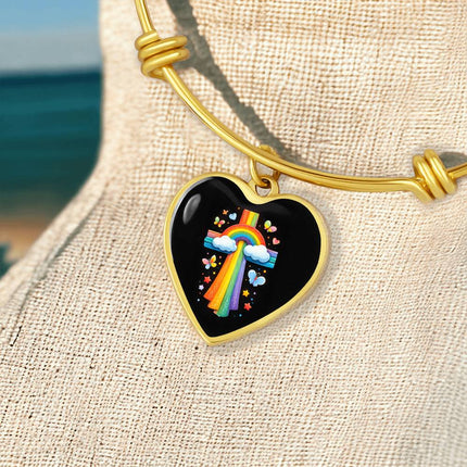 Rainbow & Butterflies Cross Heart Bangle – Christian Gift for Kids