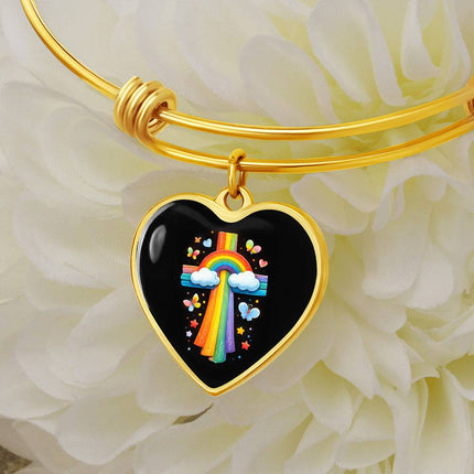 Rainbow & Butterflies Cross Heart Bangle – Christian Gift for Kids
