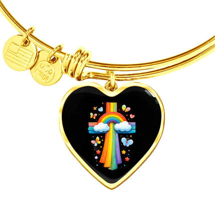 Rainbow & Butterflies Cross Heart Bangle – Christian Gift for Kids