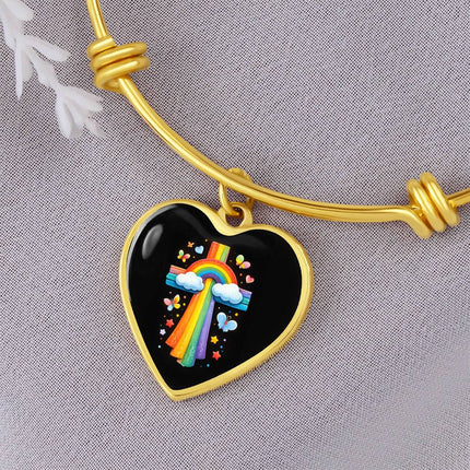 Rainbow & Butterflies Cross Heart Bangle – Christian Gift for Kids