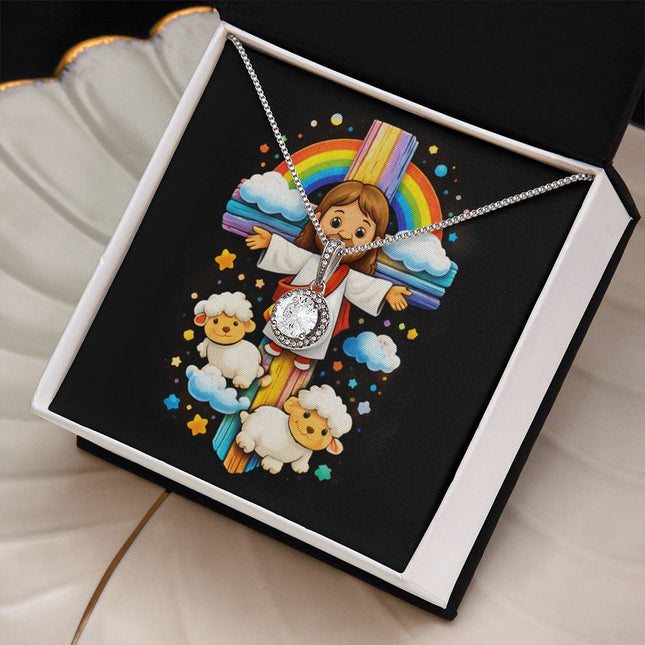 Rainbow Cross Jesus And Lamb | Christian Eternal Hope Necklace | Gift for Kids