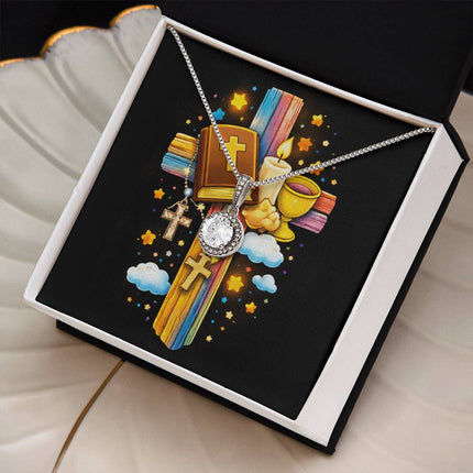 Rainbow Cross Bible And Cross | Christian Eternal Hope Necklace | Gift for Kids