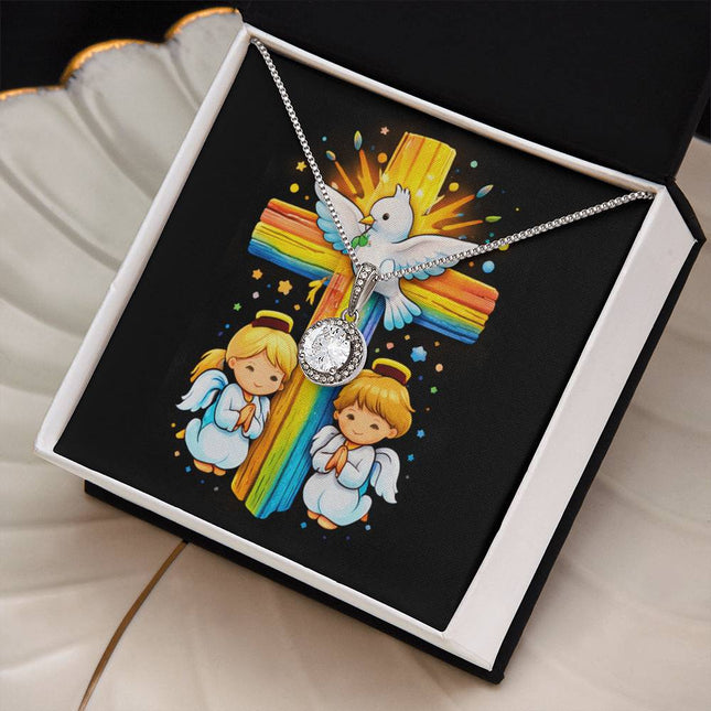 Rainbow Cross Angels And Dove | Christian Eternal Hope Necklace | Gift for Kids