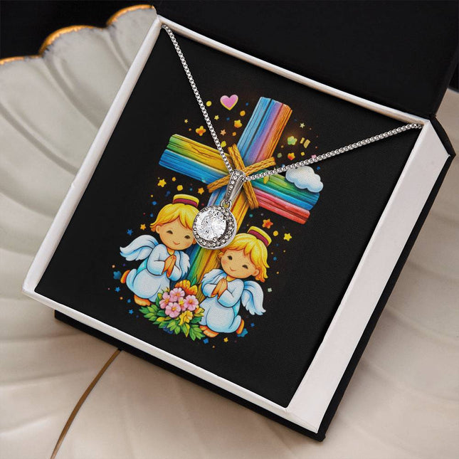 Rainbow Cross Angel Twins | Christian Eternal Hope Necklace | Gift for Kids