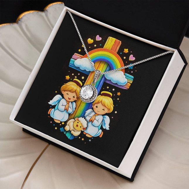 Rainbow Cross Cherub Angels | Christian Eternal Hope Necklace | Gift for Kids