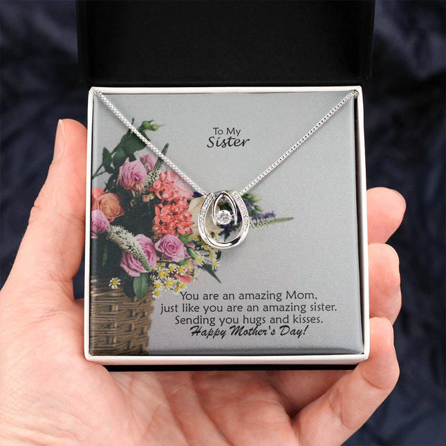 Christian lucky in love necklace with "To My Sister Happy Mother's Day Gift" message — modern Mother's Day gift for sister, in luxury gift box