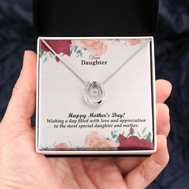 Christian lucky in love necklace with "Dear Daughter Happy Mother's Day Gift" message — modern Mother's Day gift for daughter, in luxury gift box
